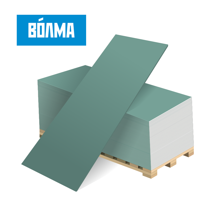 Гипсокартон влагостойкий УК ВОЛМА (ГКЛВ) 12,5-1200-2500 мм